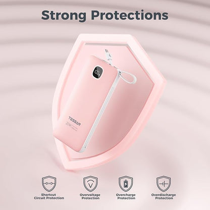Portable Charger with Built in Cables,TESSAN 10000mAh Power Bank Fast Charging with Foldable Wall Plug Charger, PD20W Compact Battery Pack Travel Essentials for iPhone 17/16/15 Series,Samsung,Tablets