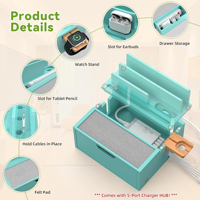 Pezin & Hulin Bamboo Charging Station for Multi Device, with Power Charger & Cables, Nightstand Docking Stand with Felt Pad Tray & Drawer, Compatible with Tablet, Cell Phone, Smart Watch-Teal