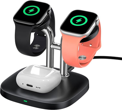 Dual Watch Charger with Fast Charging for Apple Watch, SwanScout 704A, 3-in-1 Wireless Charging Station Stand for Apple Watch Ultra 3/11/10, Wireless Charger Dock for AirPods Pro 3/4 (Black & Silver)