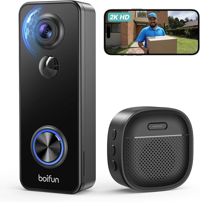 BOIFUN Video Doorbell Camera Wireless, 180° Wide View, 2K HD, No Subscription, AI Human Detection, Head-to-Toe, HDR Night Vision, Two-Way Audio, Battery Powered with Chime, 2.4 GHz Wi-Fi Only