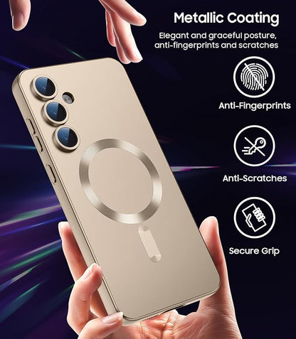 Magnetic for Samsung Galaxy S25 FE Case [Compatible with MagSafe][Built-in Camera Lens Protector] Slim Soft Silicone Bumper Shockproof Metallic Luster Phone Case, Gold