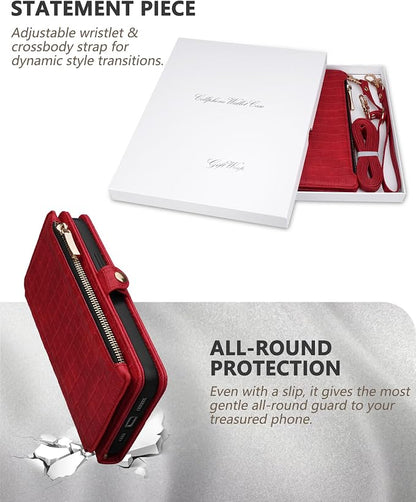 Crossbody Wallet Case for iPhone 14 Pro Max with Mirror, Wrist Strap, Zipper Purse Magnetic Flip RFID Blocking Card Holder, Wireless Charging, PU Leather Shockproof 6.7" Women (Red)