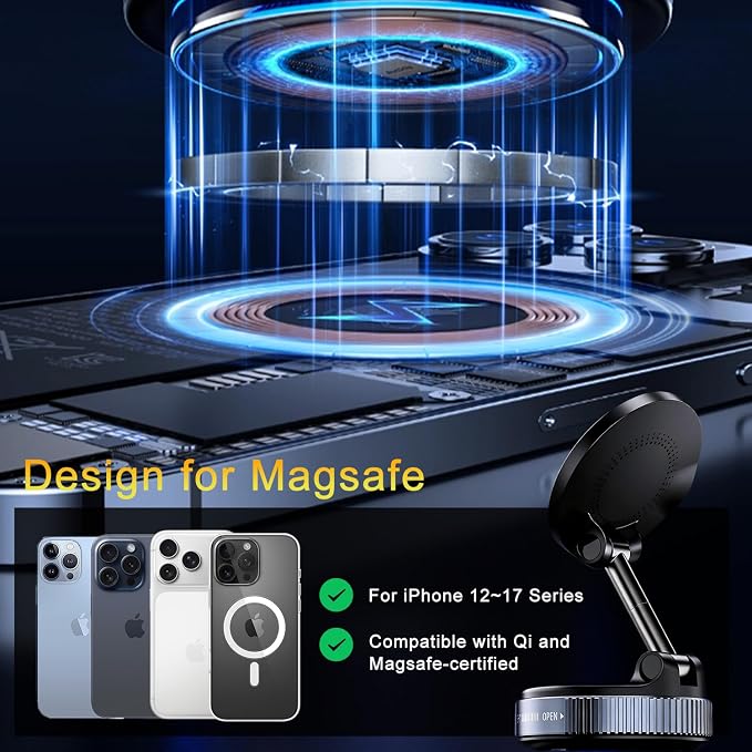 2026 Upgraded for Magsafe Car Mount Charger, 15W Fast Wireless Charging Suction Cup Phone Mount, Magnetic Phone Holder for Dashboard/Windshield, Compatible with iPhone 12-17 & All Phones