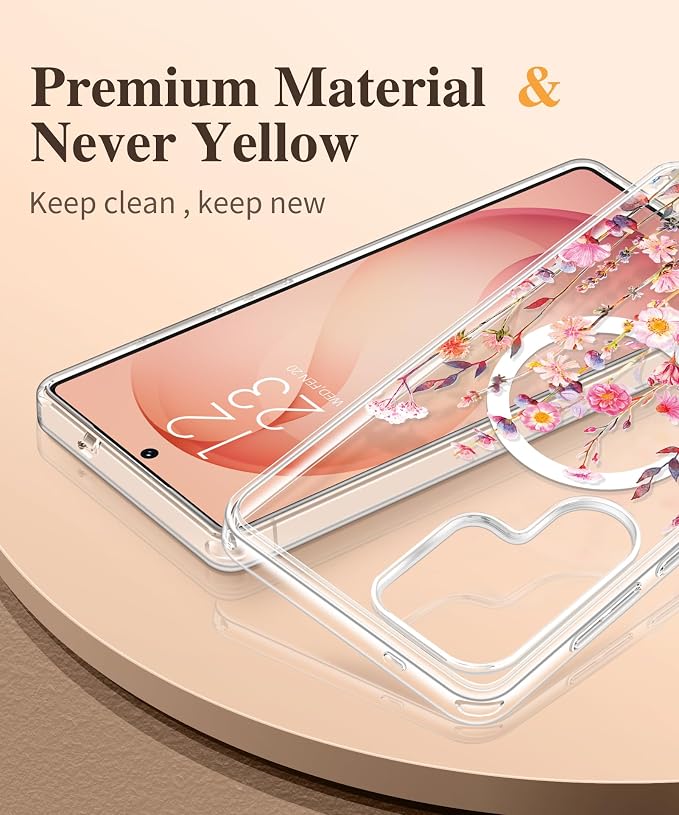 GVIEWIN for Samsung Galaxy S26 Ultra Case Compatible with MagSafe, Clear Floral Shockproof Protective Women Phone Case, Non-Yellowing, Screen&Camera Lens Protector for S26 Ultra 6.9",Floratopia/Orange