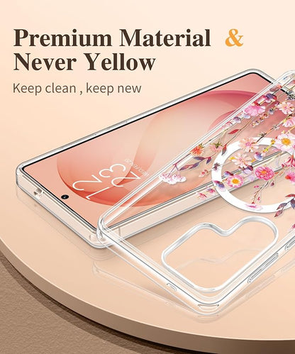 GVIEWIN for Samsung Galaxy S26 Ultra Case Compatible with MagSafe, Clear Floral Shockproof Protective Women Phone Case, Non-Yellowing, Screen&Camera Lens Protector for S26 Ultra 6.9",Floratopia/Orange
