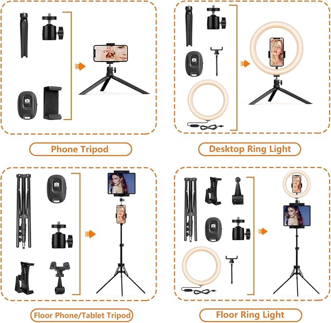 12" Selfie Ring Light with Tripod Stand 72" Tall & Mini Desktop Tripod, PEYOU Ring Light Tripod with 4 Phone Tablet Holders & Shutter for YouTube/Makeup/TikTok/Photography, Compatible with iPhone iPad