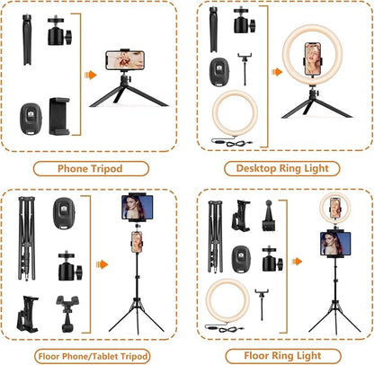 12" Selfie Ring Light with Tripod Stand 72" Tall & Mini Desktop Tripod, PEYOU Ring Light Tripod with 4 Phone Tablet Holders & Shutter for YouTube/Makeup/TikTok/Photography, Compatible with iPhone iPad