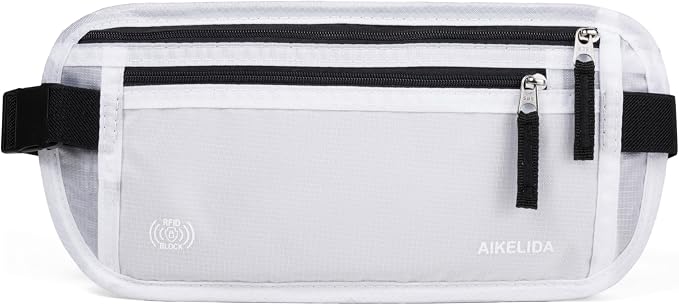 RFID Blocking Money Belt - Passport Holder & Travel Wallet, Slim Hidden Fanny Packs for Women Men - White