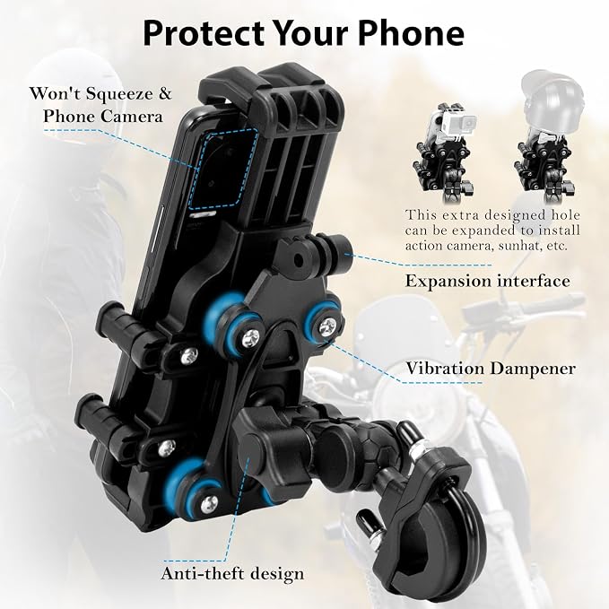 EMERK Motorcycle Phone Mount Holder - [Dual Vibration Dampener] [Anti-Shake Anti-Theft] Bike Phone Holder, Adjustable Handlebar Cellphone Cradle for Bicycle Road Scooter ATV Fit 4.7''-7.2'' Smartphone