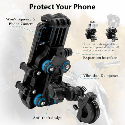 EMERK Motorcycle Phone Mount Holder - [Dual Vibration Dampener] [Anti-Shake Anti-Theft] Bike Phone Holder, Adjustable Handlebar Cellphone Cradle for Bicycle Road Scooter ATV Fit 4.7''-7.2'' Smartphone