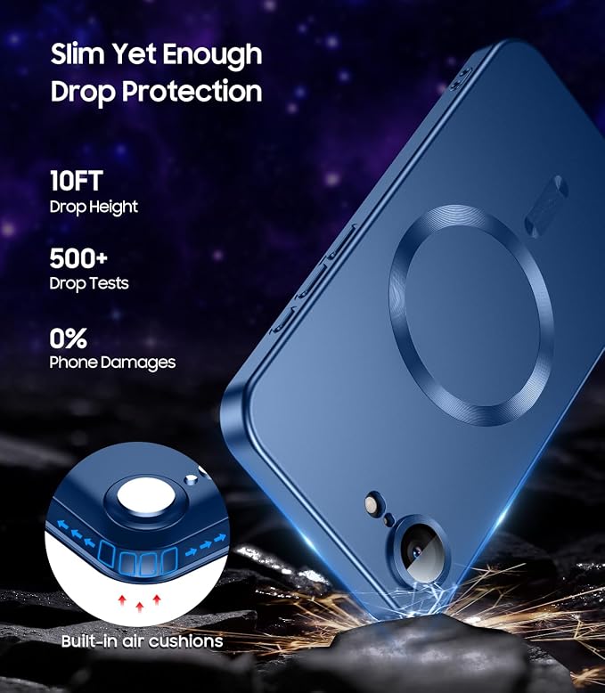 Magnetic for iPhone 16e / 17e Case [Compatible with MagSafe][Built-in Camera Lens Protector] Slim Soft Silicone Bumper Shockproof Metallic Luster 17e Phone Case (Blue)