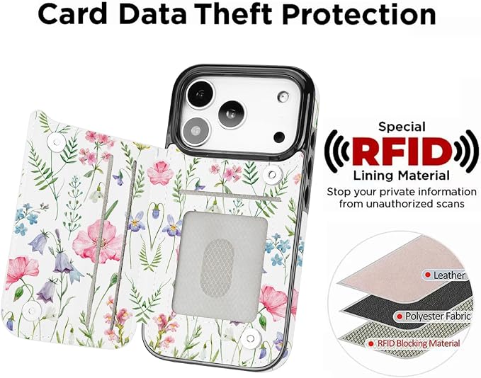 uCOLOR for iPhone 17 Pro Wallet Case with Card Holder PU Leather RFID Blocking Design iPhone 17 Pro flip case for Women Men Magnetic Clasp Kickstand Design 6.3 inch (Pink Flowers)