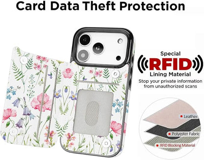 uCOLOR for iPhone 17 Pro Wallet Case with Card Holder PU Leather RFID Blocking Design iPhone 17 Pro flip case for Women Men Magnetic Clasp Kickstand Design 6.3 inch (Pink Flowers)