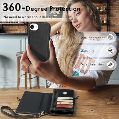 for Wallet Case Compatible with iPhone 16e / 17e ,Multi-Function Detachable 2 in 1 Magnetic iPhone 16e / 17e Case Wallet,Flip Strap Zipper Card Holder Phone Case with Shoulder Straps (Black)