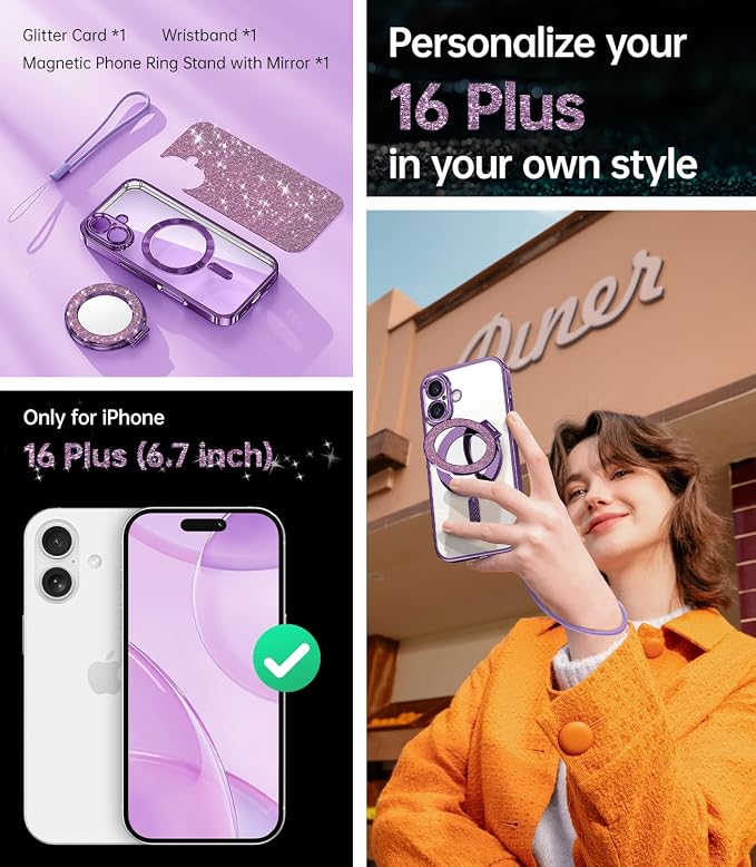 Meifigno Magnetic Case with Removable Phone Ring Stand for iPhone 16 Plus, [Glitter Card & Wrist Strap] [MagSafe Compatible] [Built in Mirror] Magnetic Phone Ring Holder + 16 Plus Case Kit, Purple
