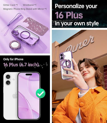 Meifigno Magnetic Case with Removable Phone Ring Stand for iPhone 16 Plus, [Glitter Card & Wrist Strap] [MagSafe Compatible] [Built in Mirror] Magnetic Phone Ring Holder + 16 Plus Case Kit, Purple