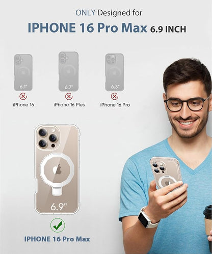 for iPhone 16 Pro Max Case, with Screen Protector + Camera Lens Protector, Built-in Seamless Stand, [Compatible with MagSafe] Protective Shockproof Phone Case, Cover for iPhone 16ProMax - Clear