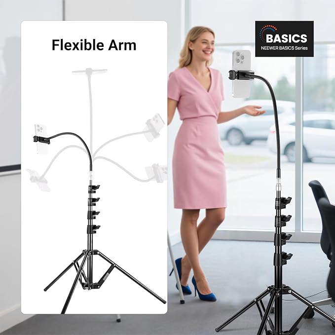 NEEWER BASICS Phone Tripod Stand with Flexible Arm & Reversible Legs, Aluminum Office Table Bedside Smartphone Clip Clamp Holder Mount Compatible with iPhone Samsung Android for Video Recording, ST014