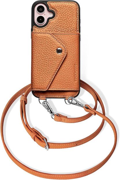 LUCKYCOIN for iPhone 16 Plus Crossbody Wallet Case – Genuine Leather Phone Purse with Adjustable Strap and Card Holder,Lanyard Phone Purse Case for Women,Pebble Grain Brown