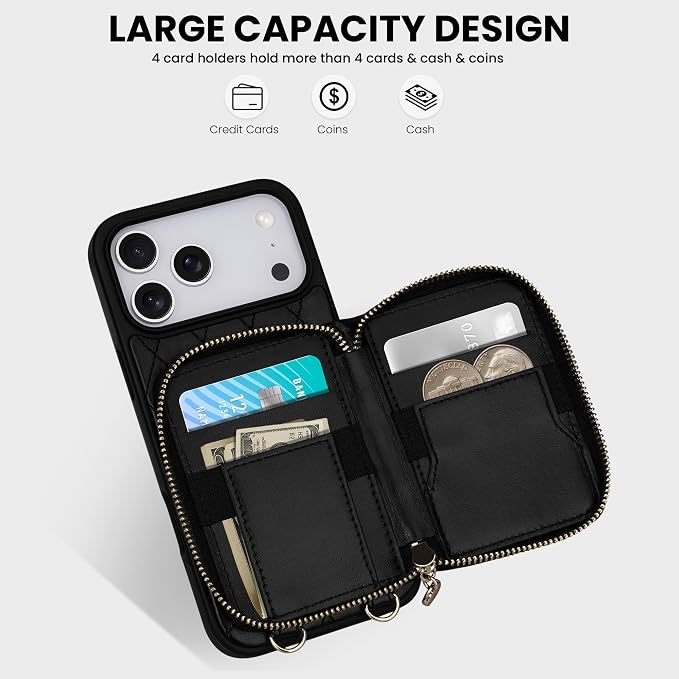 Keallce Case for iPhone 17 Pro Max 6.9'' Wallet Case, Crossbody Zipper Purse with Wrist Strap Lanyard Handbag, RFID Blocking Card Holders, Kickstand Flip Leather Cover for iPhone 17 Pro Max, Black