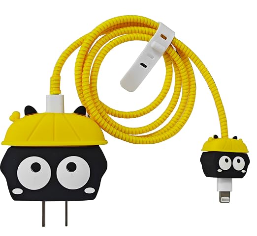 Compatible with iPhone 18W/20W USB-C Charger Protector Cover, 3D Cute Cartoon Charger Case for Apple iPhone 20W USB-C Power Adapter and Lightning Cable Protective Wire Saver (Yellow Hat Black)