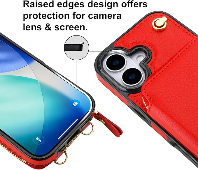 Bocasal Crossbody Wallet Case for iPhone 17, RFID Blocking Leather Purse Case with Card Holder, Protective Handbag Flip Cover with Zipper Wrist Strap Lanyard for Women 5G 6.3 Inch (Red)