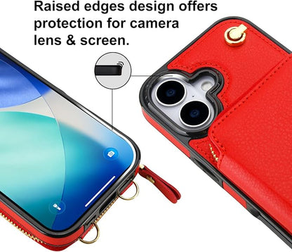 Bocasal Crossbody Wallet Case for iPhone 17, RFID Blocking Leather Purse Case with Card Holder, Protective Handbag Flip Cover with Zipper Wrist Strap Lanyard for Women 5G 6.3 Inch (Red)