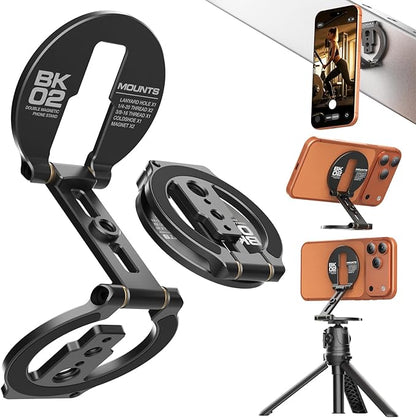 Dual Magnetic Phone Stand Holder Double Magnetic Phone Holder Ultrathin Foldable 1/4" Screw Tripod Mount for iPhone 16 15 14 13 12 Pro Max Plus Gym Magnet Phone Stand (Black)