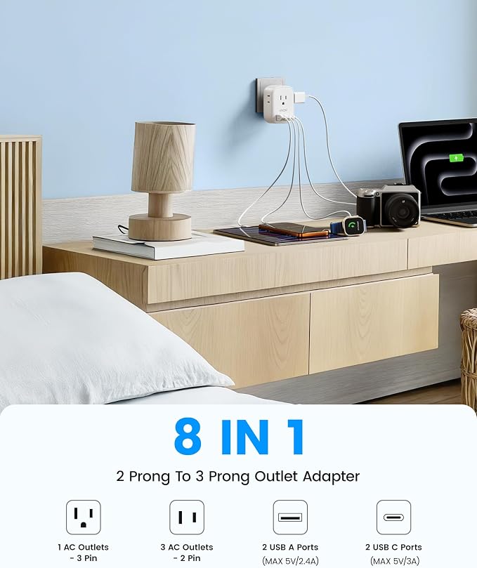 LENCENT US to Japan Plug Adapter, 2 Prong to 3 Prong Outlet Adapter | 4 Outlets 4 USB Ports(2 USB C), Type A Travel Converter for US to Japan Canada Mexico China Philippines Peru Tokyo