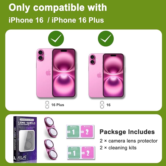 2-Pack Shatterproof Camera Lens Protector for iPhone 16/16 Plus |AR Tempered Glass Strong Adsorption Metal Camera Cover Screen(Rose red)