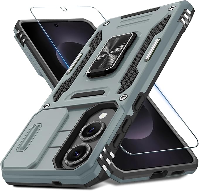 DEERLAMN Case for Samsung Galaxy S25 Edge with Slide Camera Cover+Screen Protector (1 Pack), Rotated Ring Kickstand Military Grade Shockproof Protective Cover-Grey