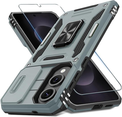 DEERLAMN Case for Samsung Galaxy S25 Edge with Slide Camera Cover+Screen Protector (1 Pack), Rotated Ring Kickstand Military Grade Shockproof Protective Cover-Grey