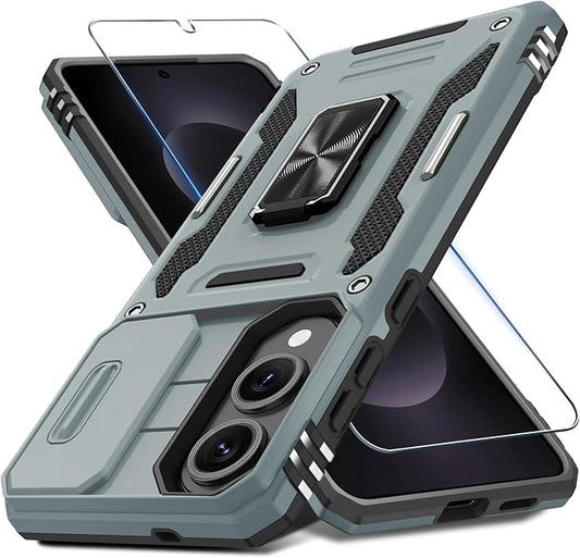 DEERLAMN Case for Samsung Galaxy S25 Edge with Slide Camera Cover+Screen Protector (1 Pack), Rotated Ring Kickstand Military Grade Shockproof Protective Cover-Grey