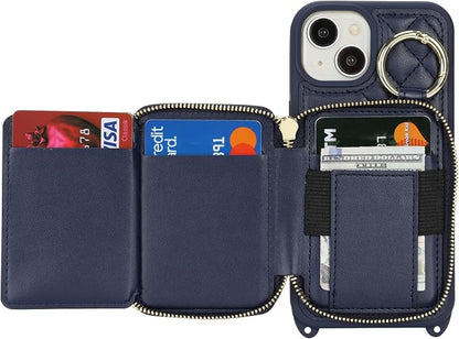 Crossbody Wallet Case for iPhone 14, PU Leather Zipper Handbag Purse Flip Cover, Kickstand Folio Case with Card Slots Holder Wrist Strap Lanyard 5G 6.1 Inch-Blue