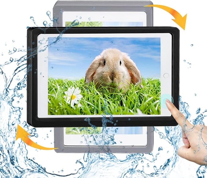 Shower Tablet Holder Waterproof Compatible with Ipad, Wall Mounted Bathroom Tablet Case 360° Rotation,Adhesive Touchable Cradle with Glass Anti-Fog Screen for Bathtub Kitchen Black R