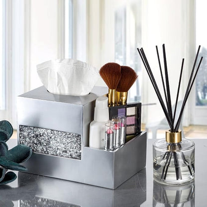 Crackled Glass Tissue Box Cover Square Silver Decorative Multi-function Storage Organizer Caddy; Tissue Box Holder & Countertop Nightstand Bedside Table Organizer Makeup, Phone, Remote Control Holder