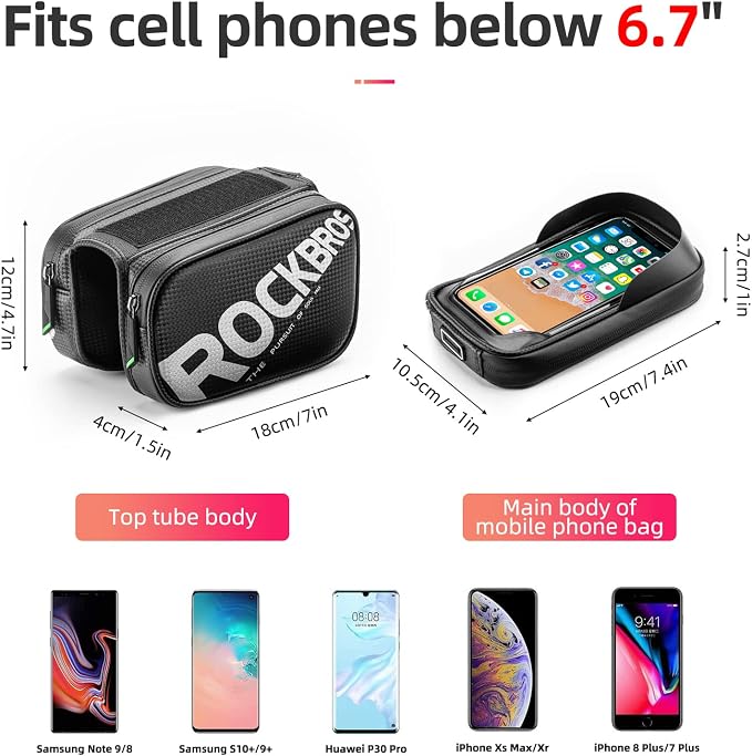 ROCKBROS Bike Frame Bag Waterproof Top Tube Phone Bag Touch Screen Cell Phone Holder Bicycle Pouch for Mountain ebike Road Bikes Compatible with iphone 11 12 13 8 X 10 XR Below 6.7''