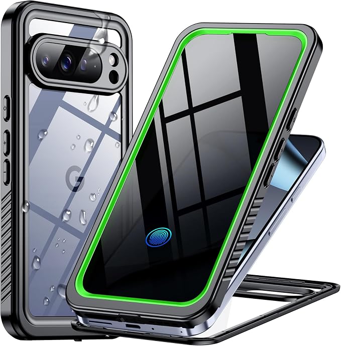 Temdan for Google Pixel 10 Pro XL Case Waterproof,Built-in Lens & Screen Protector[Full Body Shockproof][Military Dropproof][Dustproof][IP68 Underwater] for Pixel 10 Pro XL 6.8”-Green/Clear