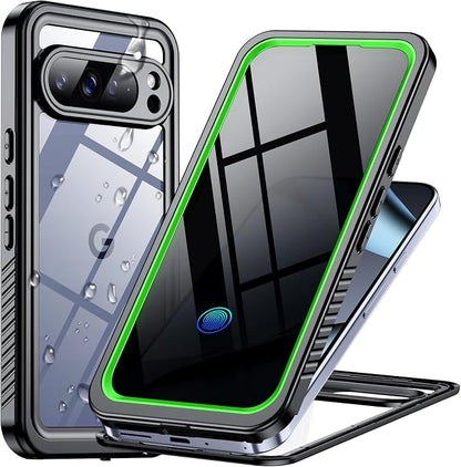 Temdan for Google Pixel 10 Pro XL Case Waterproof,Built-in Lens & Screen Protector[Full Body Shockproof][Military Dropproof][Dustproof][IP68 Underwater] for Pixel 10 Pro XL 6.8”-Green/Clear