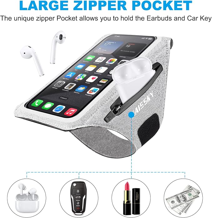 Cell Phone Running Armband with Earbuds Zipper Pocket Armband Case Running Holder for iPhone 16 Pro Max/15/14 Pro Max/13/12 /11 Pro Max/XS/XR,Galaxy S20 S10,Sweatproof Arm Band with Card/Key Bag