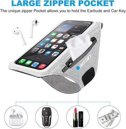 Cell Phone Running Armband with Earbuds Zipper Pocket Armband Case Running Holder for iPhone 16 Pro Max/15/14 Pro Max/13/12 /11 Pro Max/XS/XR,Galaxy S20 S10,Sweatproof Arm Band with Card/Key Bag