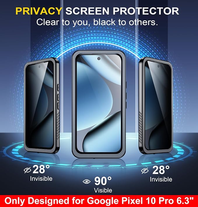 SPIDERCASE ONLY Designed for Google Pixel 10 Pro Case Waterproof, [12FT Military-Grade Drop Protection] IP68 Water Resistance [Anti-Peeping Screen Protector] Full Body Sealed Phone Case 6.3", Black