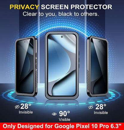 SPIDERCASE ONLY Designed for Google Pixel 10 Pro Case Waterproof, [12FT Military-Grade Drop Protection] IP68 Water Resistance [Anti-Peeping Screen Protector] Full Body Sealed Phone Case 6.3", Black