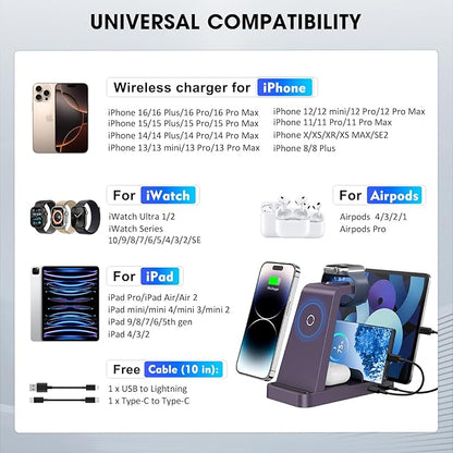 Wireless Charger for iPhone - 5 in 1 Charging Station for Multiple Devices Apple: Fast Wireless Charging Stand Dock for iPhone 17 16e 16 15 14 13 12 Pro Max Apple Watch Airpods (Purple)
