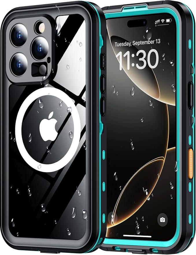 Red2Fire for iPhone 16 Pro Case Waterproof, [Built-in Screen Protector & Camera Protector][Compatible with MagSafe][Full Body Shockproof][IP68 Waterproof][Dustproof] Phone Case 6.3" Blue/Clear