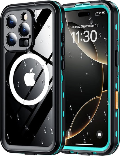Red2Fire for iPhone 16 Pro Case Waterproof, [Built-in Screen Protector & Camera Protector][Compatible with MagSafe][Full Body Shockproof][IP68 Waterproof][Dustproof] Phone Case 6.3" Blue/Clear