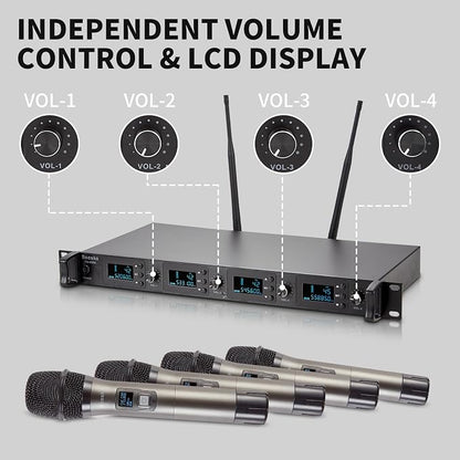 Wireless Microphone System, 4-Channel UHF Wireless Mic, Fixed Frequency Metal Cordless Mic with 4 Handheld Dynamic Microphones, 200ft Range, Mics for Singing, Church (4 Handheld)