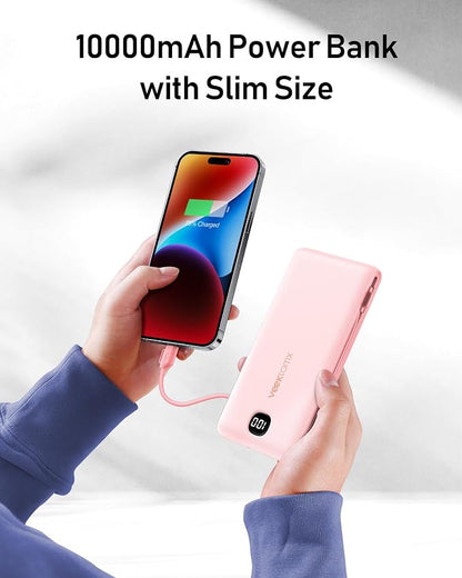 VEEKTOMX Portable Charger with Built in Cables 10000mAh, Power Bank for iPhone with Wall Plug, Travel Essential Fast Charging USB C Slim External Battery Pack for iPhone 17/16/15, Samsung, iPad,etc