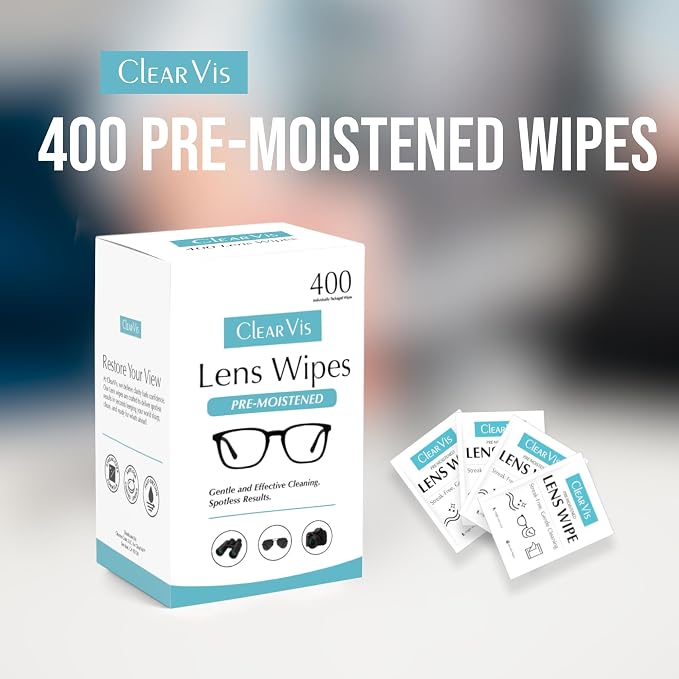 Pre-Moistened Lens Wipes – ClearVis 400 Individually Wrapped Wipes, Streak-Free Cleaning for Eyeglasses, Phones, Cameras, Binoculars, & Screens – Fast-Drying, Anti-Smudge Formula