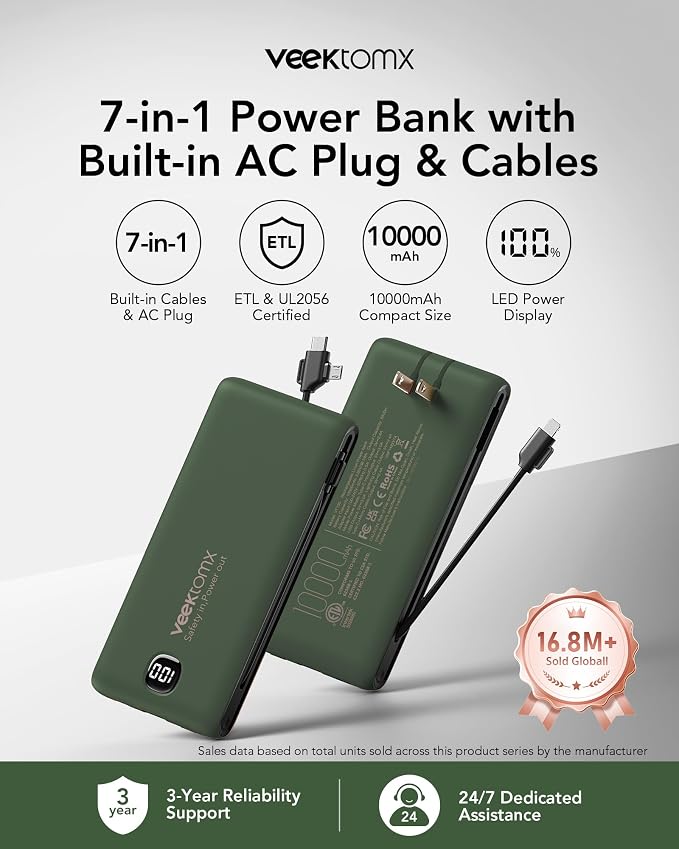 VEEKTOMX Portable Charger with Built in Cables 10000mAh, Power Bank for iPhone with AC Wall Plug, Fast Charging USB C Slim Battery Pack with LED Display Compatible with iPhone 17/16/15, Samsung